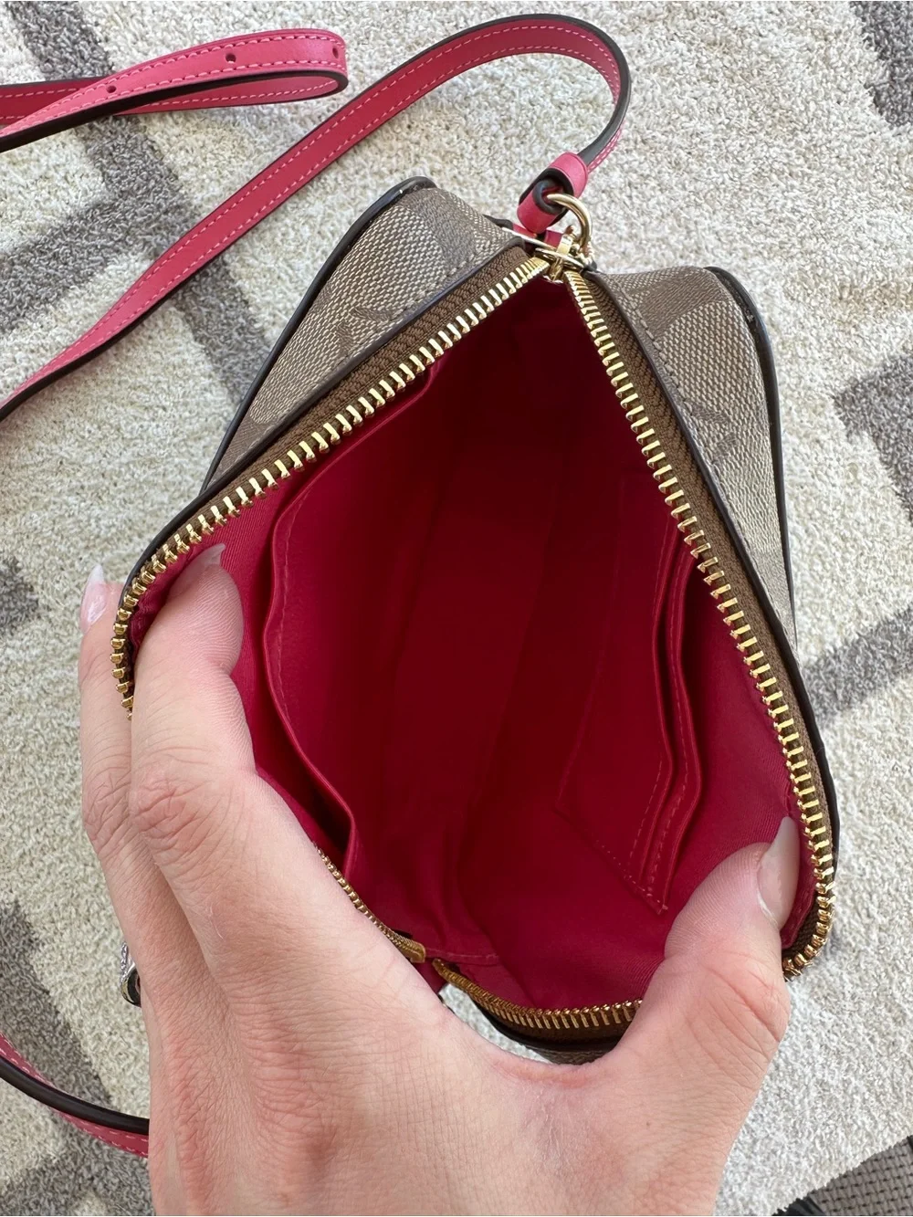 Coach Brown Signature Canvas Crossbody with Pink Trim